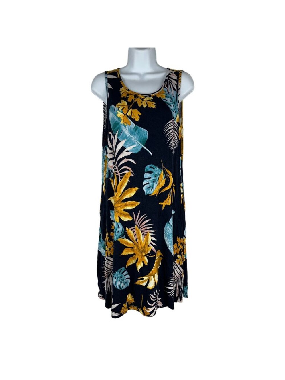 Bishuige Womens Large Sleeveless Floral Dress Navy Tropical Print Loose Fit